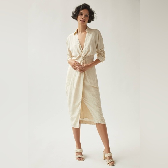 By Anthropologie NWT V-Neck Knot Front Linen Blend Ivory Midi Dress Size 10 - Picture 1 of 10